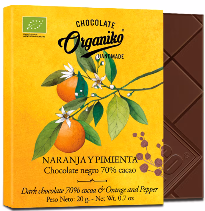 KOMMER SNART! Chocolate Orgániko - Chokladkaka med Apelsin och Peppar, 20g
