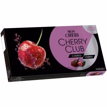 KOMMER SNART! Mon Chéri -  Cherry Club Cassis-Vodka /Körsbär i Svartvinbärs Vodka, 15-pack, 157g