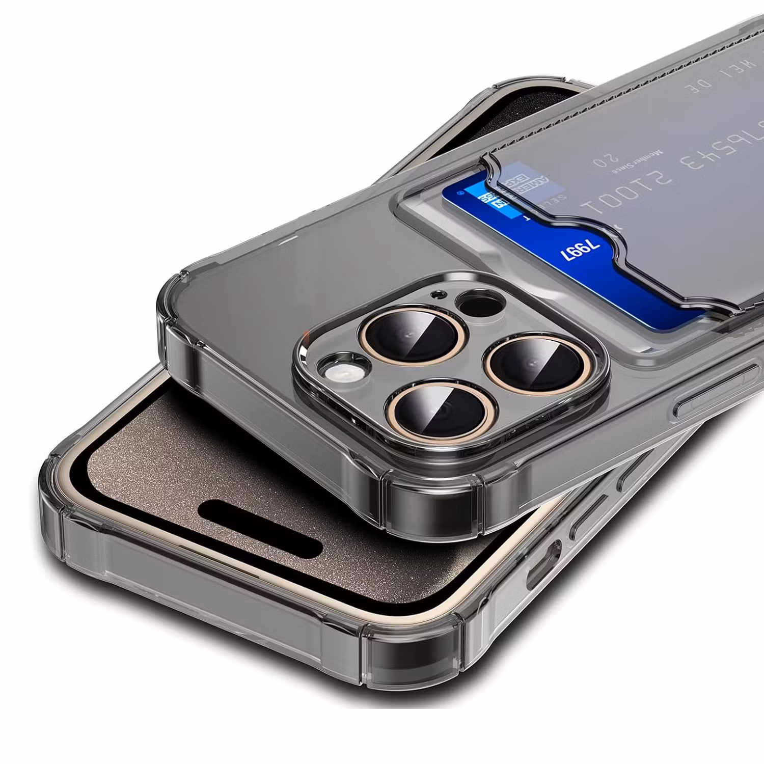 iPhone 15 Pro Stöttåligt Skal med Kortfack-Transparent Grå