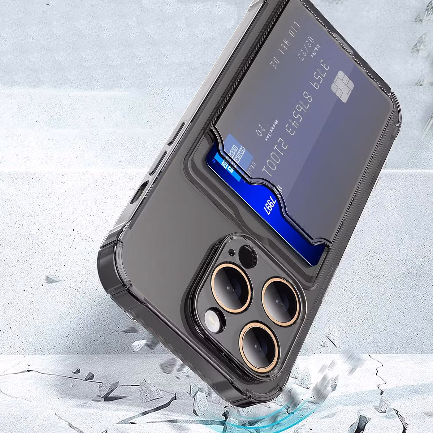 iPhone 15 Pro Stöttåligt Skal med Kortfack-Transparent Grå
