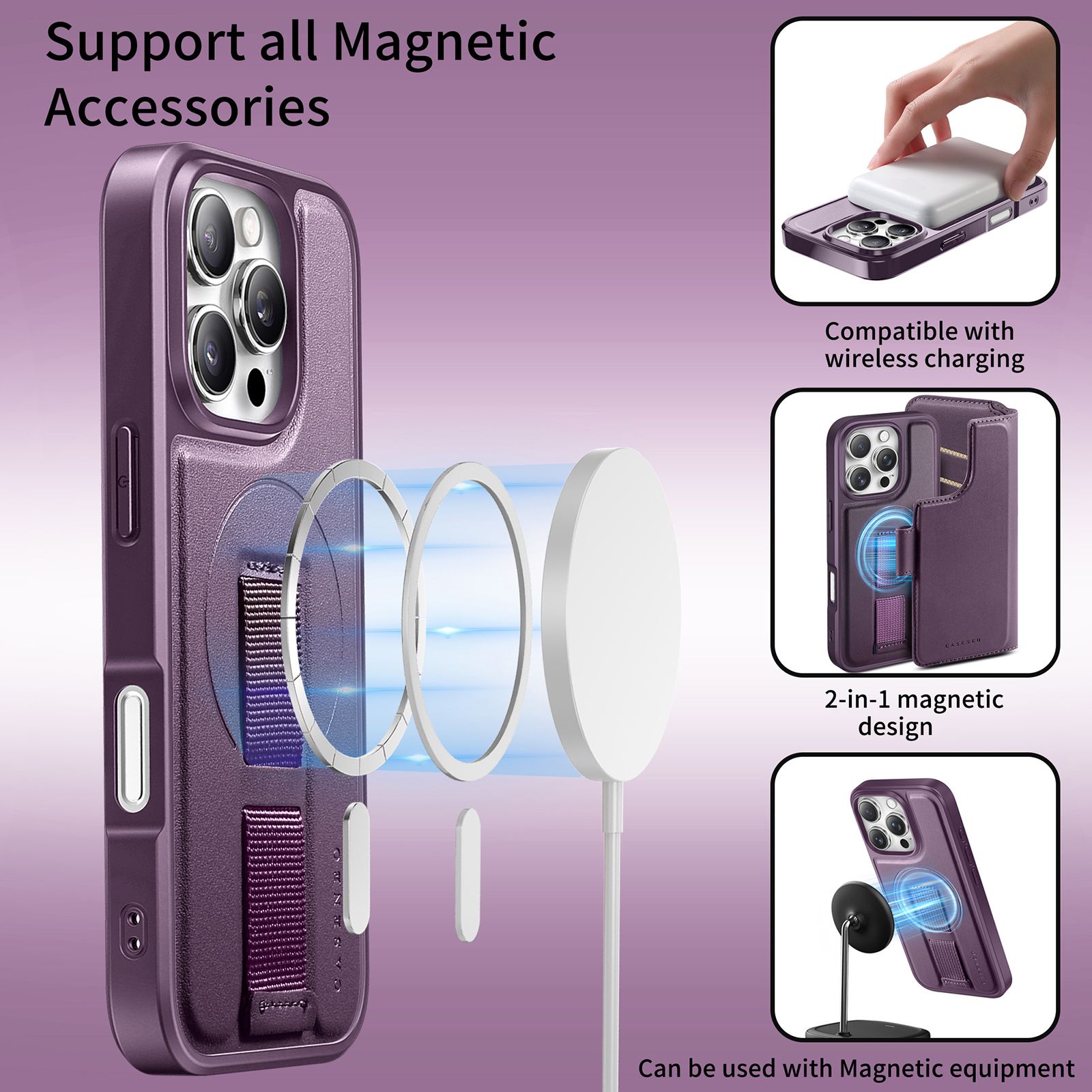 iPhone 17 Plånbok med MagSafe-skal & fingerband Lila