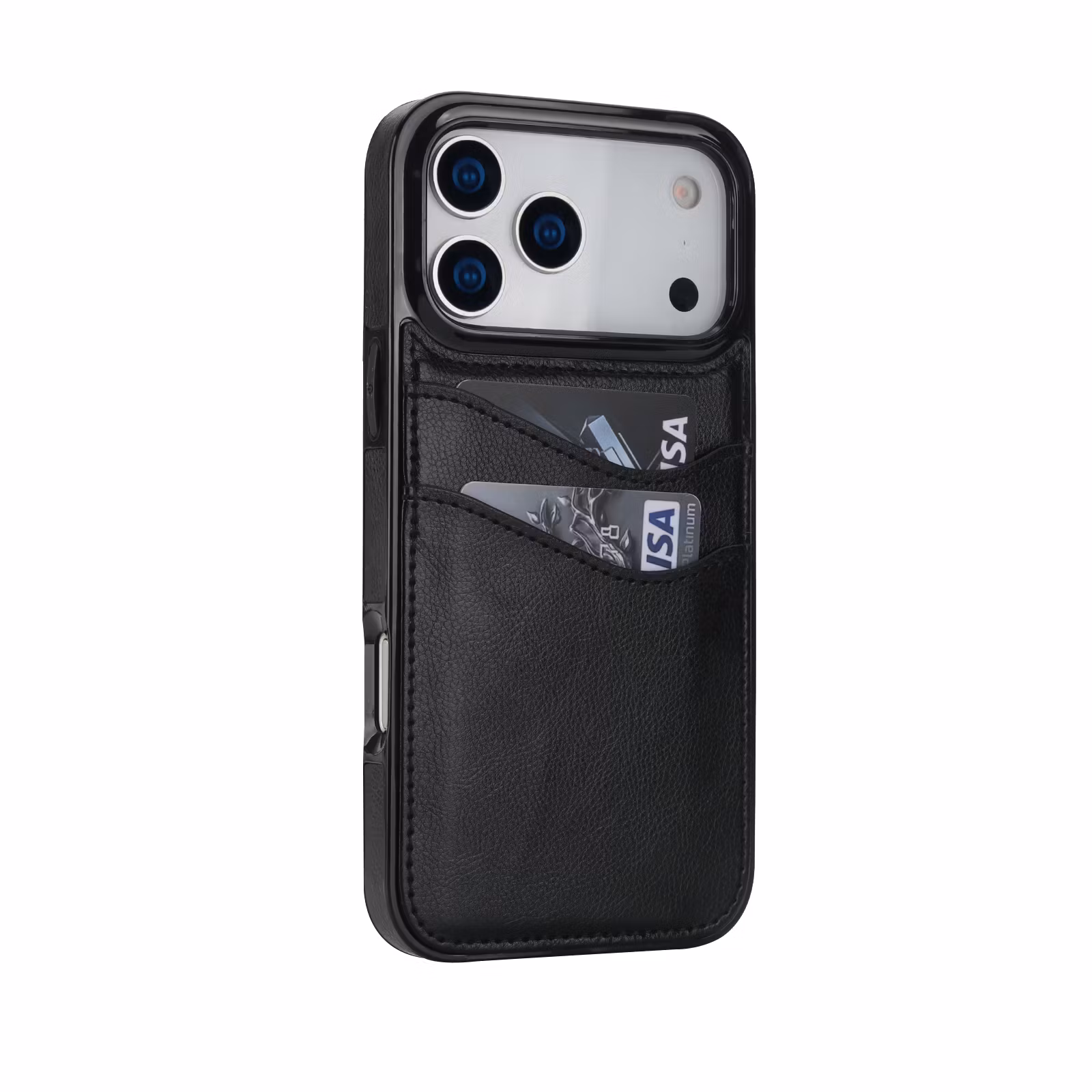 Phone 17 Pro Max-skal i svart läderlook med två kortfack.