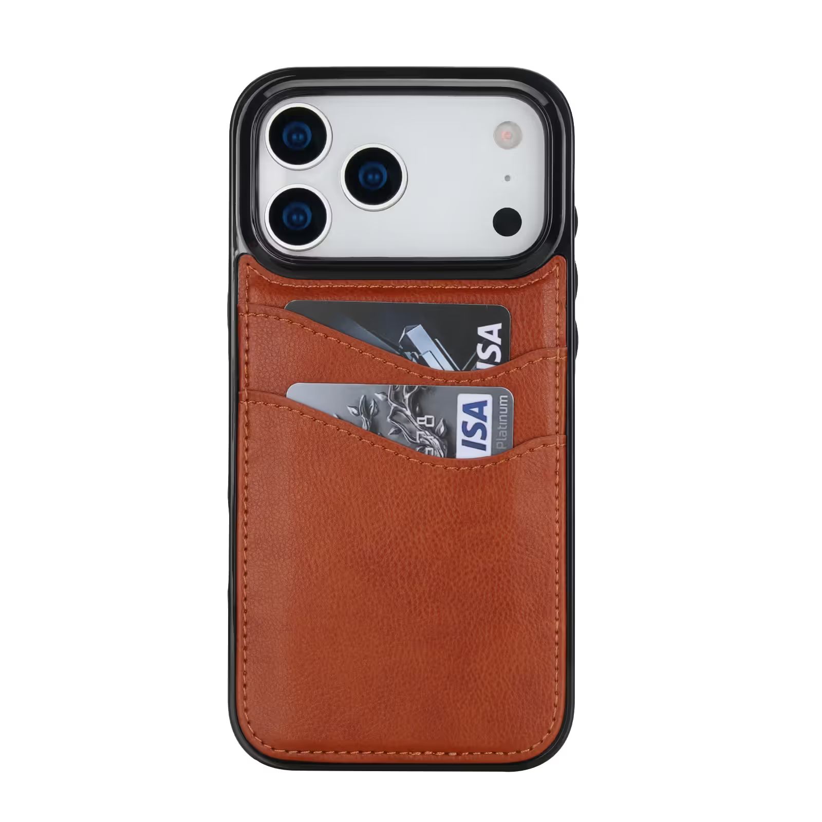 iPhone 18 Pro-skal i Brun läderlook med två kortfack.
