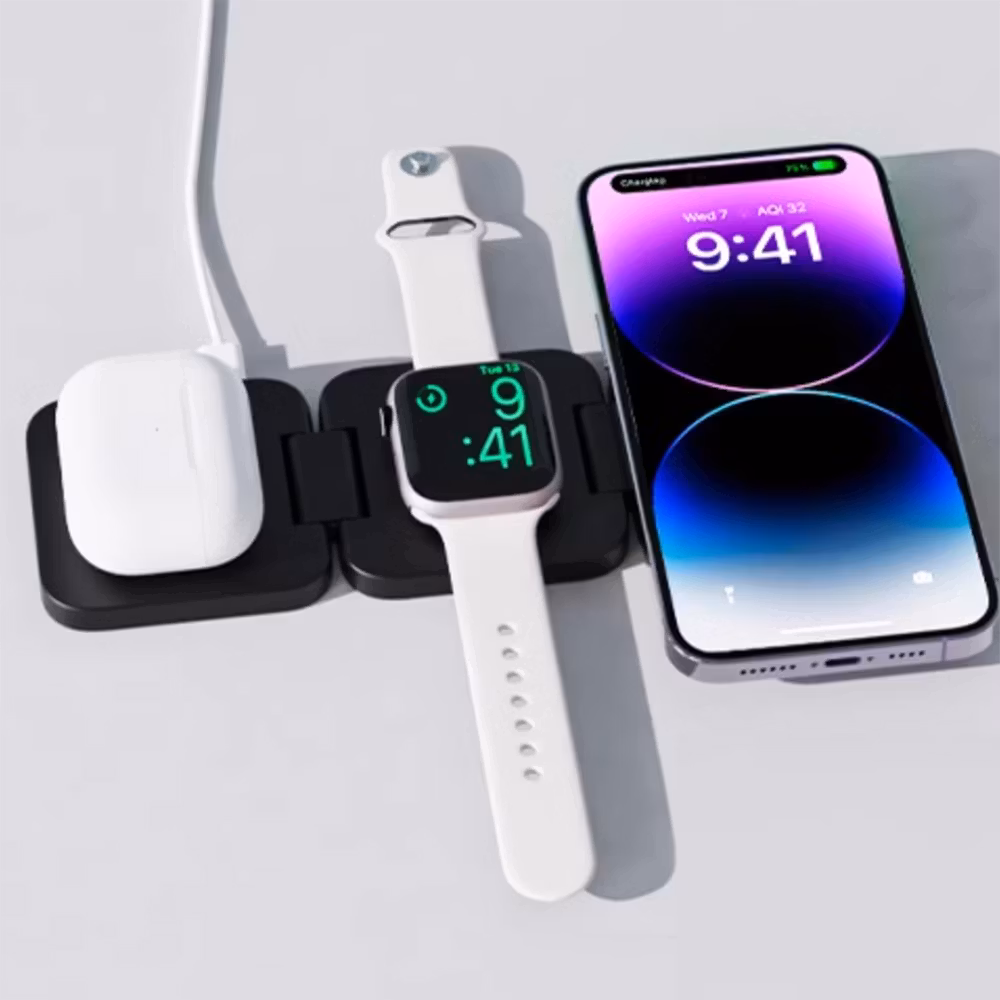 3-i-1 vikbar magnetisk trådlös iPhone iWatch Airpods Laddare & Stativ