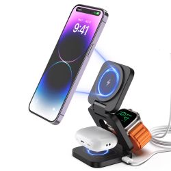 3-i-1 vikbar magnetisk trådlös iPhone iWatch Airpods Laddare & Stativ