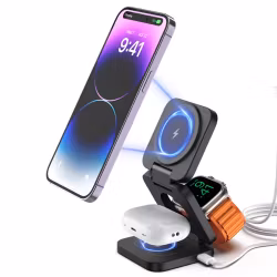 3-i-1 vikbar magnetisk trådlös iPhone iWatch Airpods Laddare & Stativ