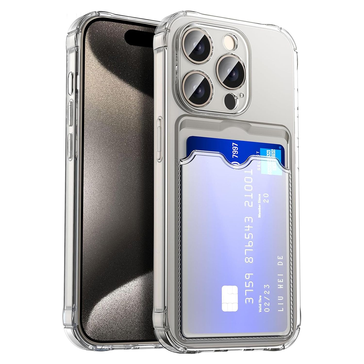iPhone 15 Pro Max Stöttåligt Skal med Kortfack-Transparent