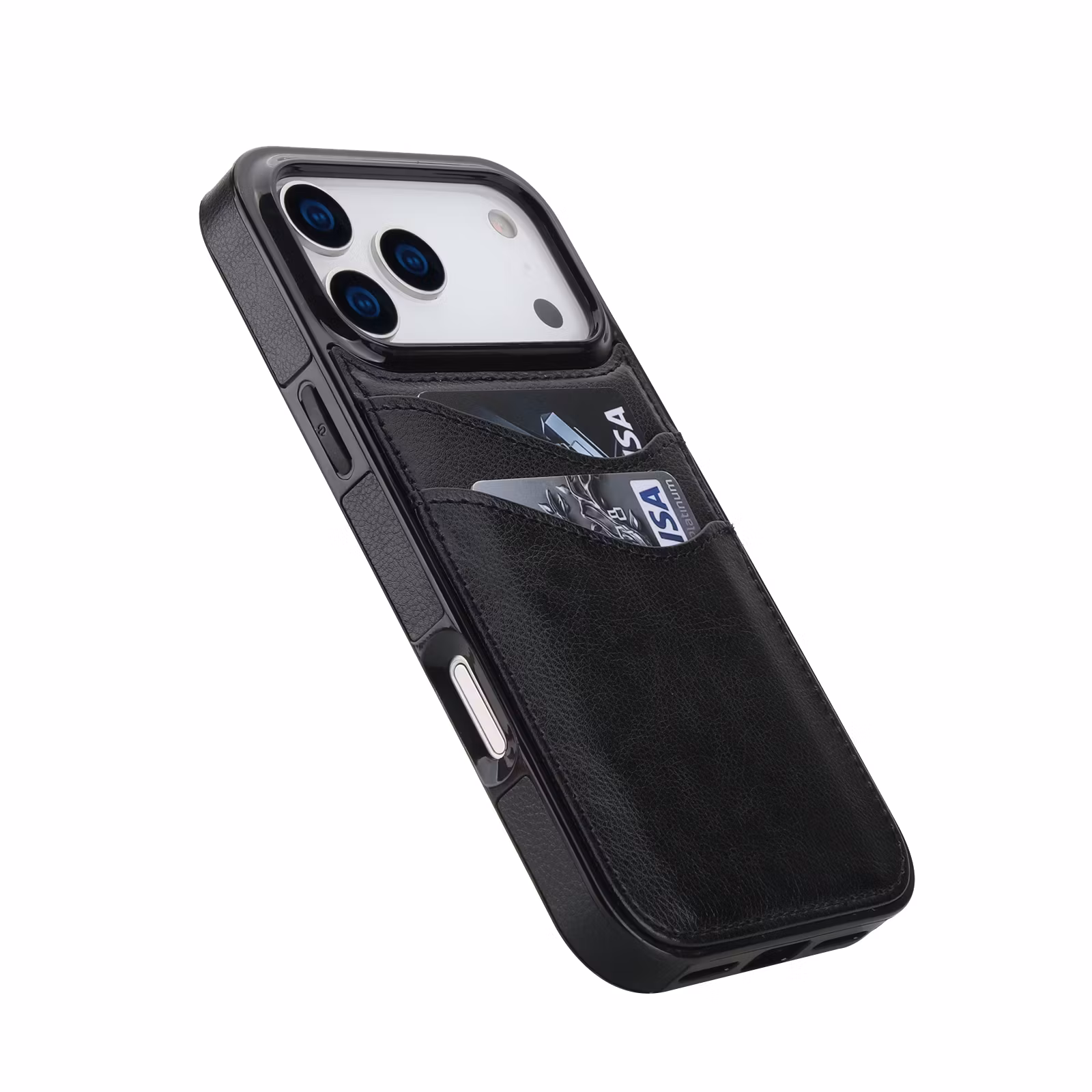 Phone 17 Pro-skal i svart läderlook med två kortfack.