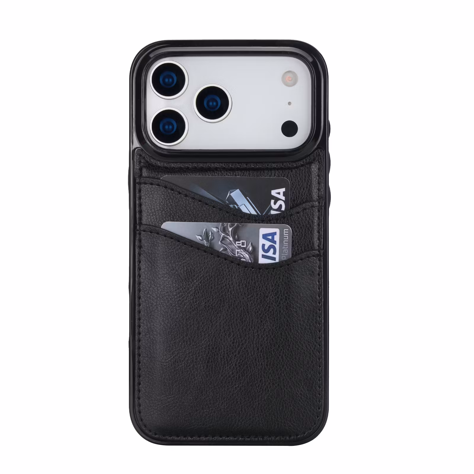Phone 17 Pro-skal i svart läderlook med två kortfack.