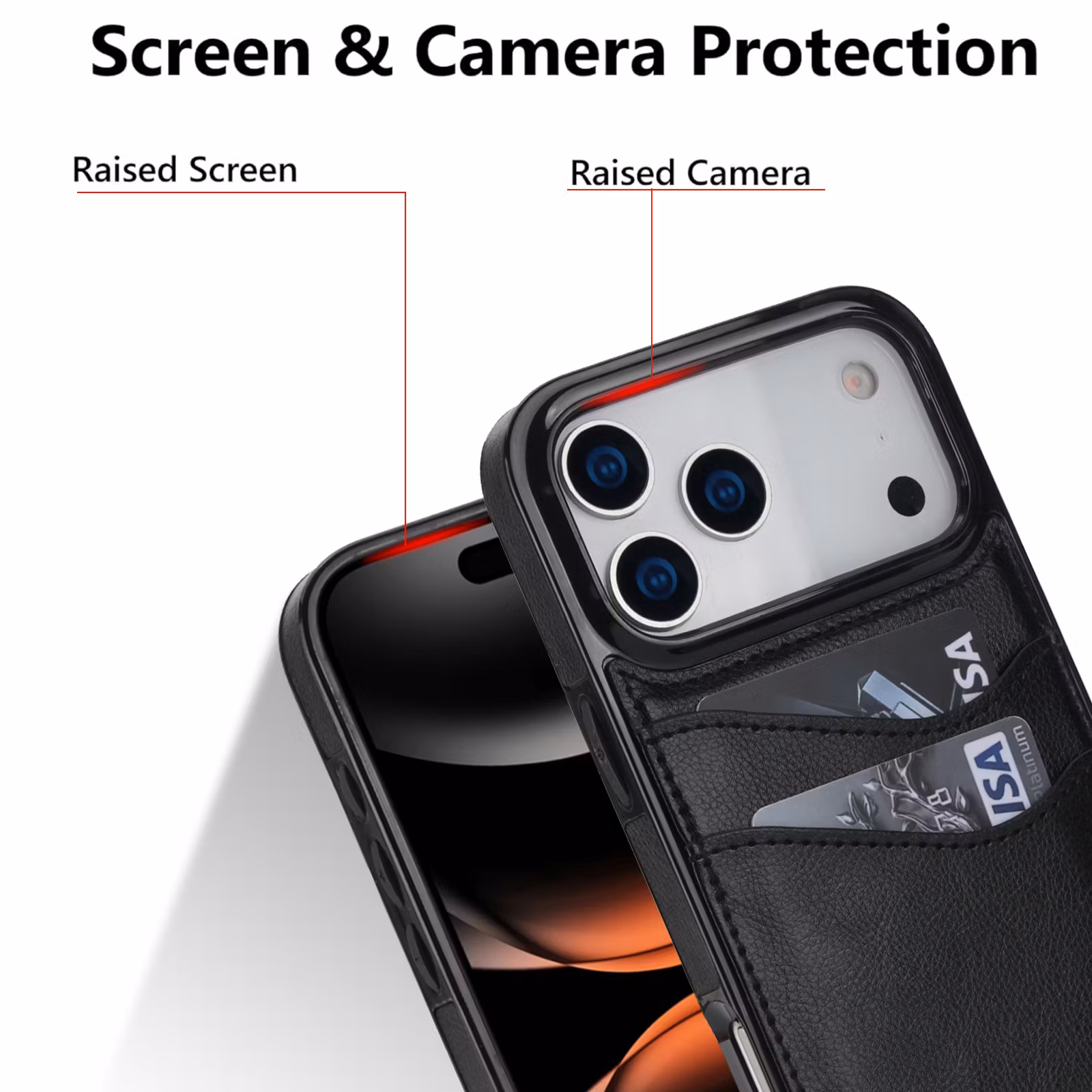Phone 17 Pro-skal i svart läderlook med två kortfack.