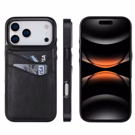 Phone 17 Pro-skal i svart läderlook med två kortfack.