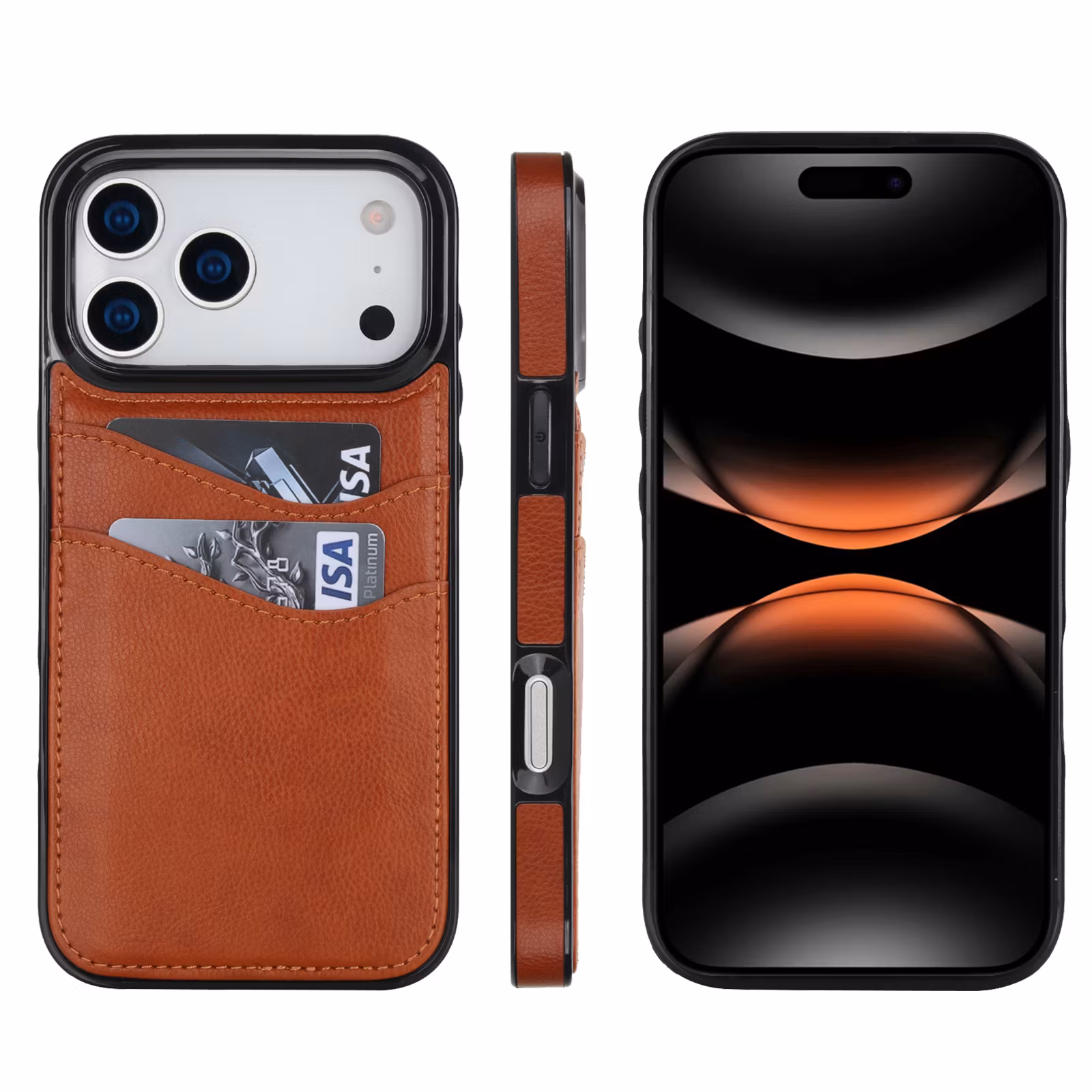 Phone 17 Pro-skal i Brun läderlook med två kortfack.