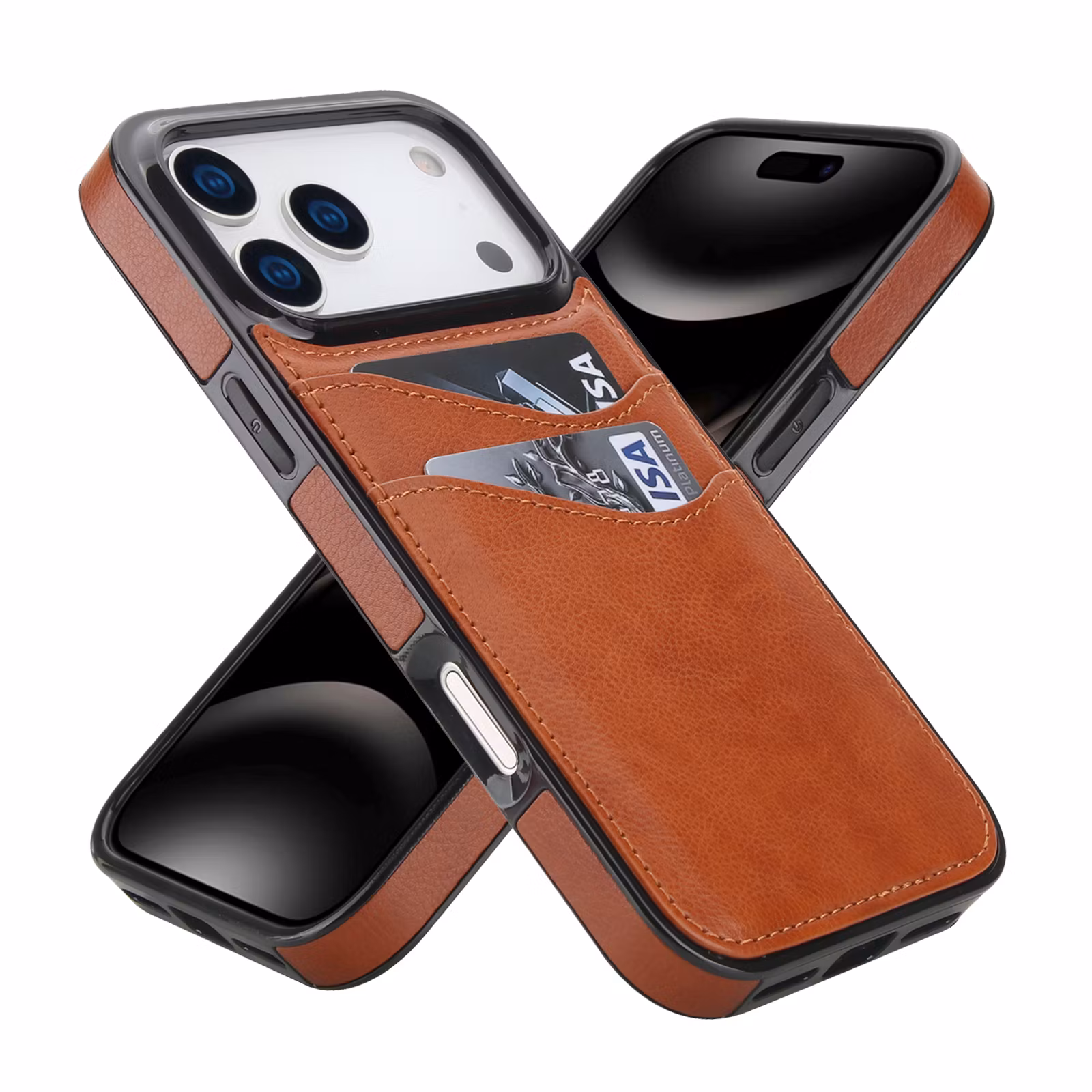 Phone 17 Pro Max-skal i brun läderlook med två kortfack.