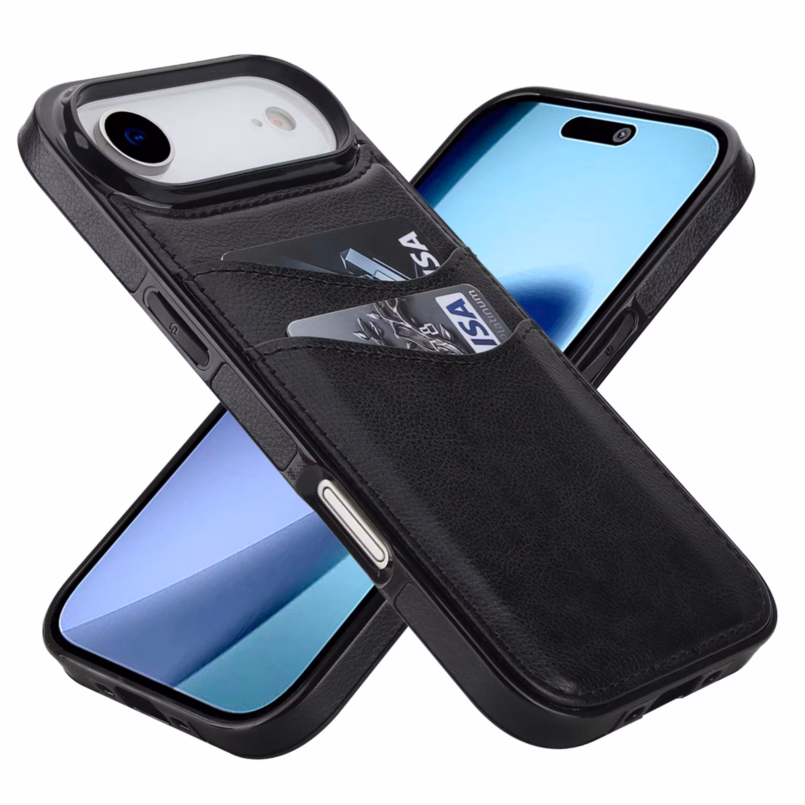 Phone 17 Air-skal i svart läderlook med två kortfack.