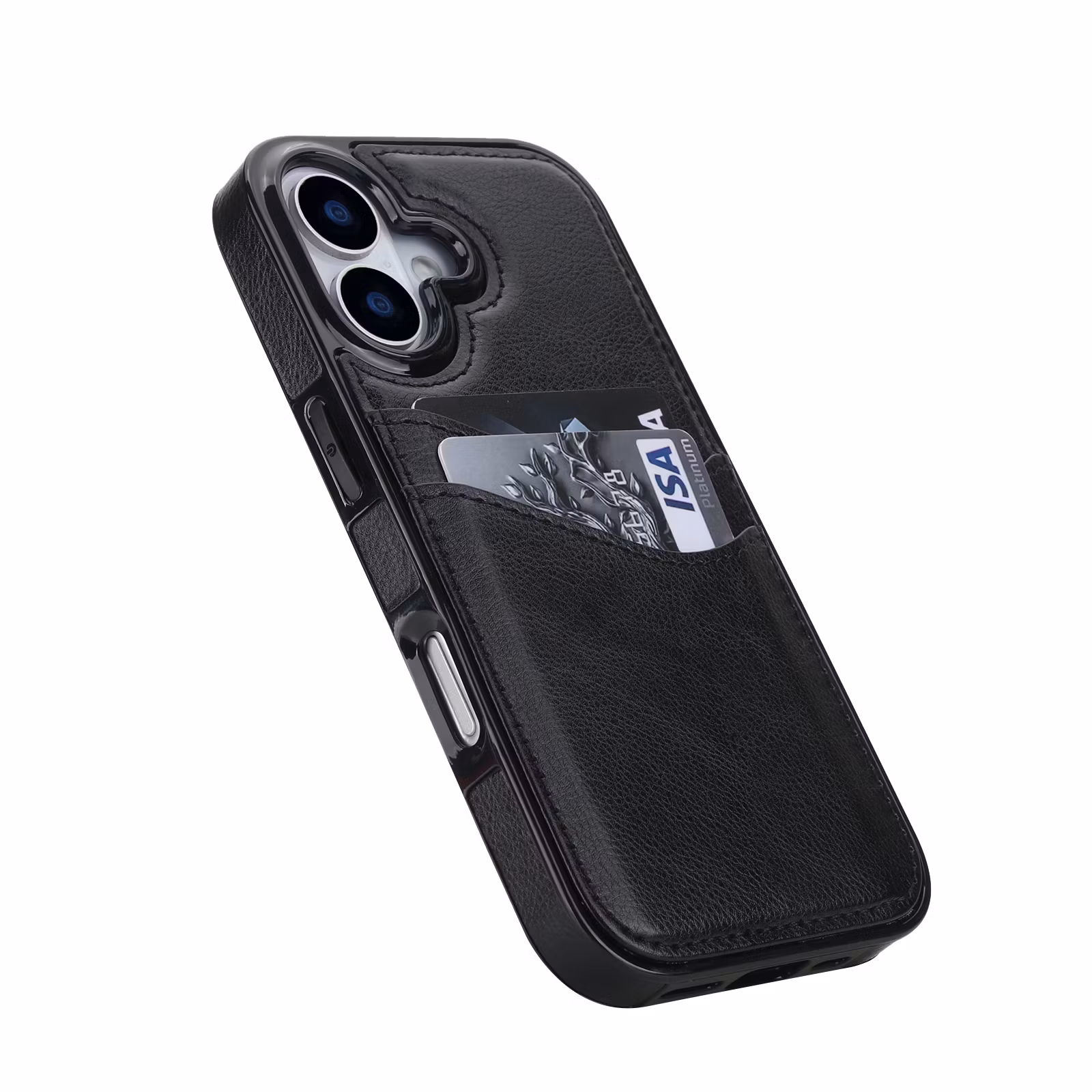 Phone 17-skal i svart läderlook med två kortfack.