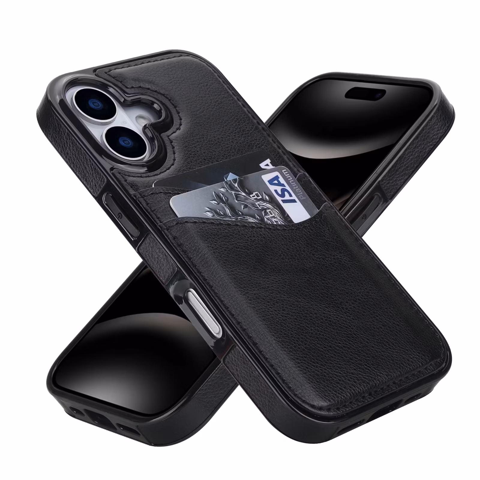 Phone 17-skal i svart läderlook med två kortfack.