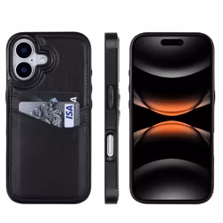 Phone 17-skal i svart läderlook med två kortfack.