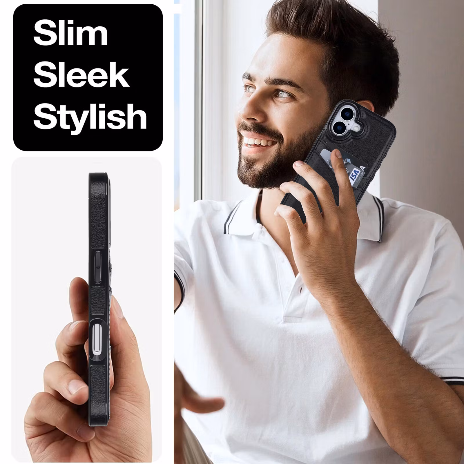 Phone 17-skal i svart läderlook med två kortfack.
