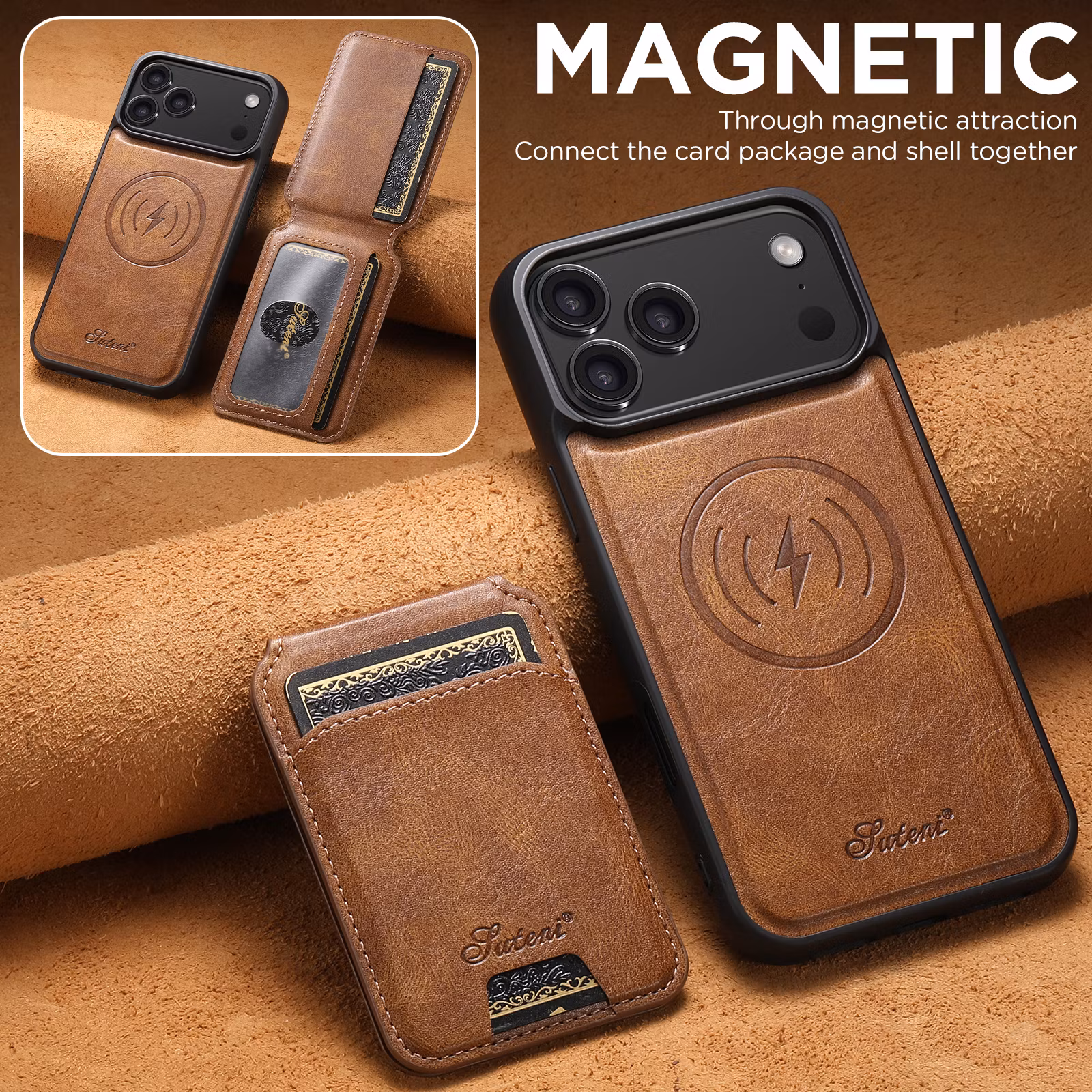 iPhone 17 Pro Max 2in1 Magnet-skal med Korthållare-Mörkbrun