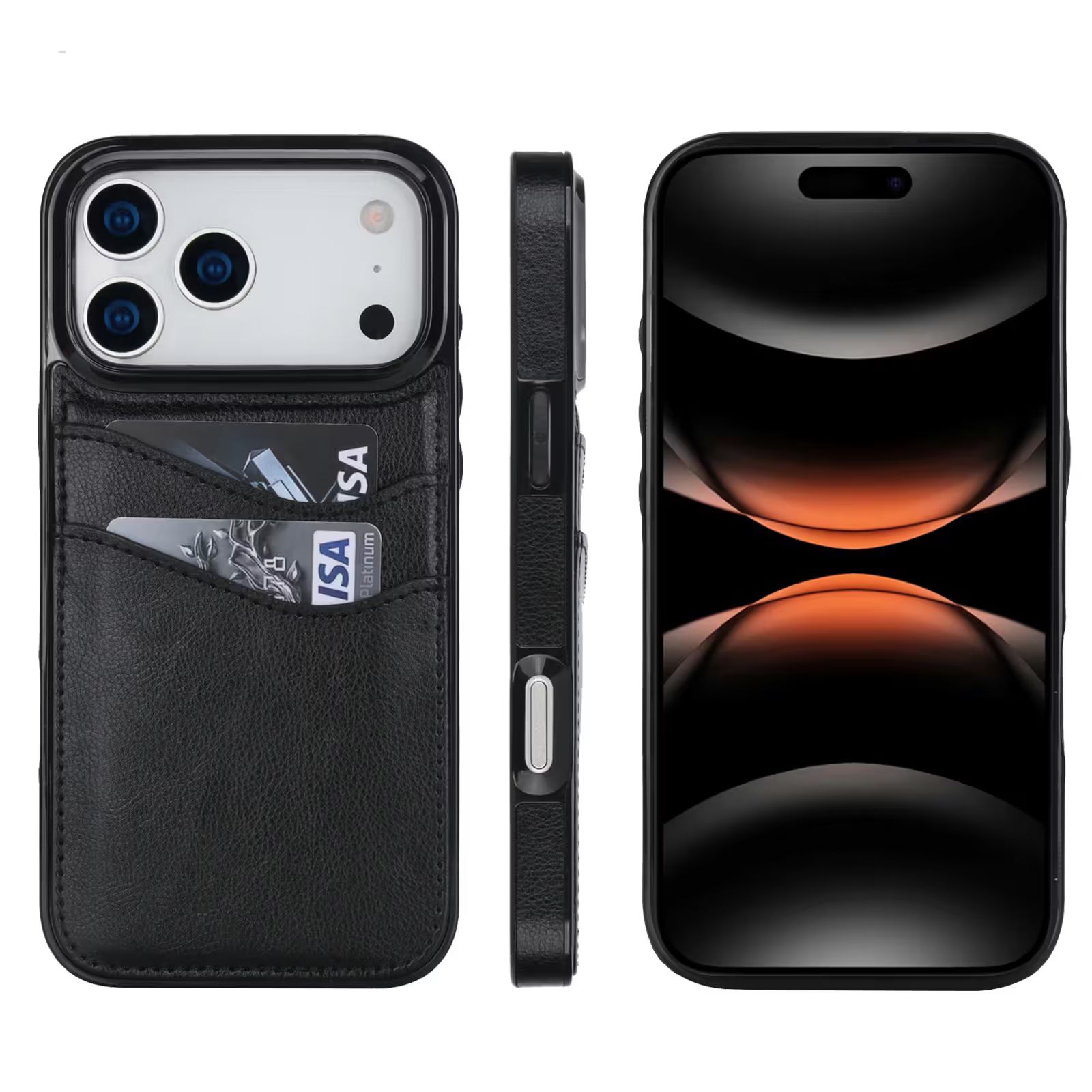 iPhone 18 Pro Max-skal i svart läderlook med två kortfack.