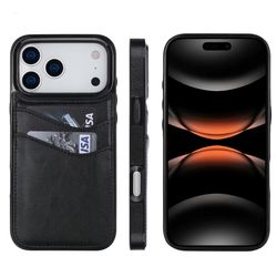 iPhone 18 Pro Max-skal i svart läderlook med två kortfack.