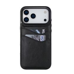 iPhone 18 Pro-skal i svart läderlook med två kortfack.