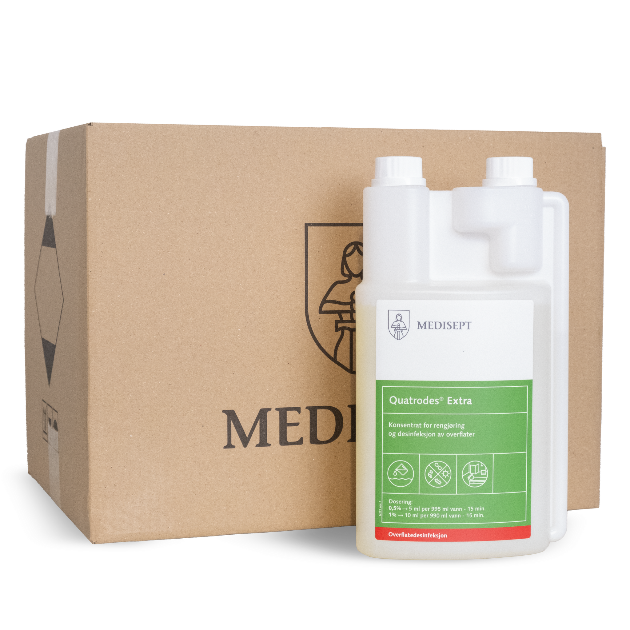 Quatrodes® Extra  1 liter konsentrat, alkoholfri,  vasker og desinfiserer samtidig, etterlater seg en behagelig lukt. Les mer