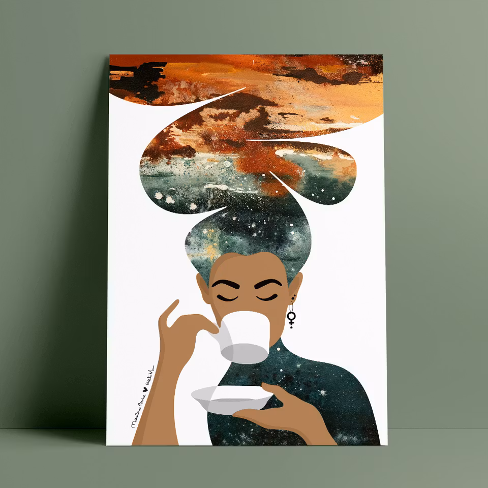 Print / poster som är ett samarbete mellan Marlene Boke och Evelina Viola – en kombination av Marlenes verk Kaffekvinnan och Evelinas verk Mjuk natt.