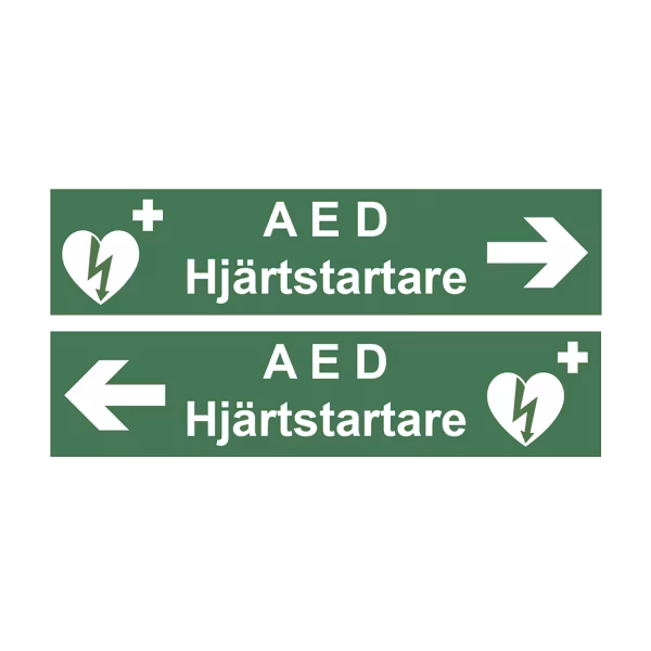 Skylt, AED Hjärtstartare med pil, 400x96mm