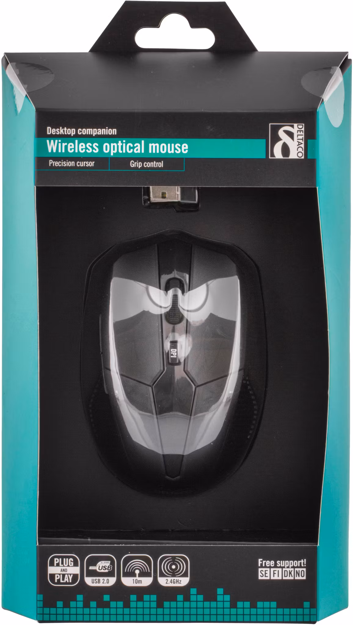 Deltaco Trådløs optisk mus, 5 knapper med scroll, nanomottaker, stillbar DPI med maks 1600 DPI, USB, svart