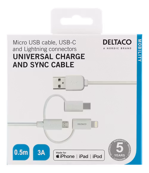 Deltaco USB C/Micro USB/Lightning-sync/-charge cable, MFi, 0,5m, 15W, USB Type A Male, white