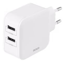 Deltaco Wall charger with dual USB-A ports, 4.8 A, 24 W, white