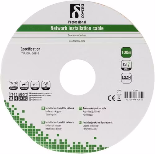 Deltaco S/FTP Cat7 innstallasjonskabel, 100m tromme, 600MHz, Delta-sertifisert, grå