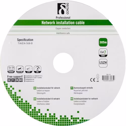 Deltaco S/FTP Cat7 installasjonskabel, 305m tromme, 600MHz, Delta-sertifiert, LSZH, grå