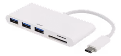 Deltaco USB 3.1 Gen 1 hub, USB-C male to 3xUSB Type A female, SD-card reader, microSD-card reader, white