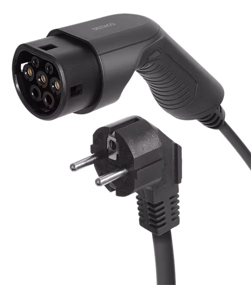 Deltaco e-Charge kabel, Schuko til type 2, 1 fase, 6/8A, 1.8kW, svart