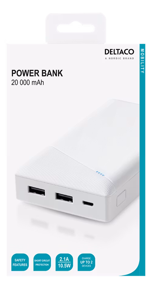 Deltaco Power bank 20 000 mAh, 2.1 A/10.5 W, 74 Wh, 2x USB-A, white