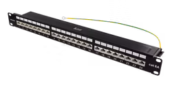 Deltaco 19" Patch panel, 1U, STP, 24xRJ45, Cat6a, 10Gbps, krone terminaler, kabelstøtte, metall, svart