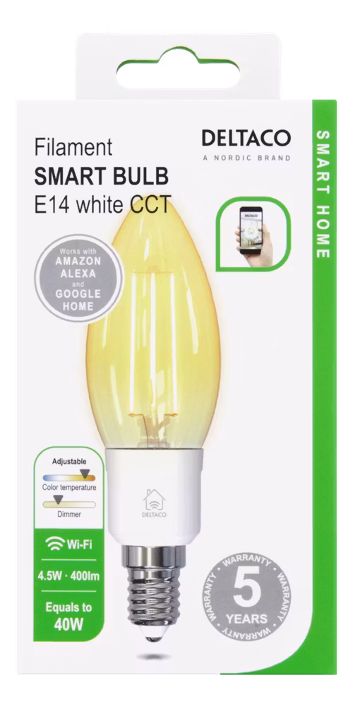 Deltaco Smart Home LED dekorpære, E14, C35, WiFi 2,4GHz, 4.5W, 400lm, dimbar, 1800K-6500K, 220-240V, hvit