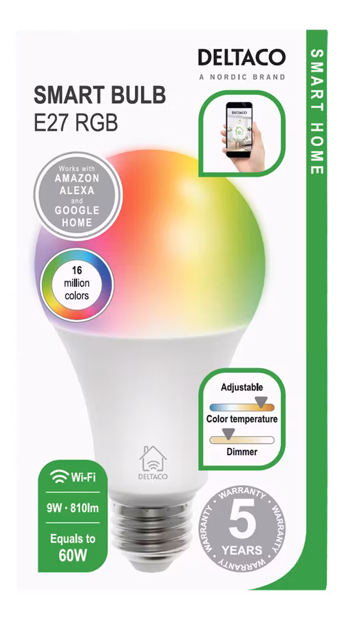 Deltaco Smart Home RGB LED pære, E27, WiFi 2.4GHz, 9W, 810lm, dimbar, 2700K-6500K, 220-240V, hvit