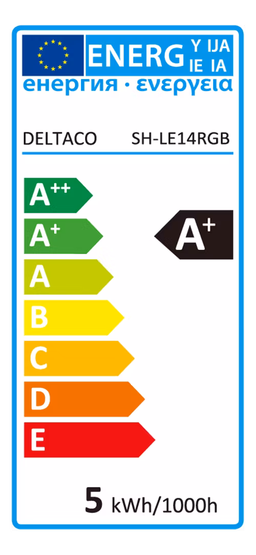 Deltaco Smart Home RGB LED pære, E14, WiFi 2.4GHz, 5W, 470lm, dimbar, 2700K-6500K, 220-240V, hvit