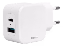Deltaco Dual USB wall charger, USB-A & USB-C Power Delivery 20 W, white