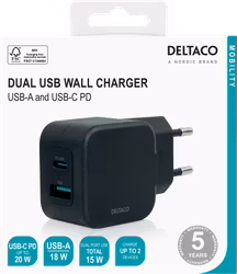 Deltaco Dual USB wall charger, USB-A & USB-C Power Delivery 20 W, black