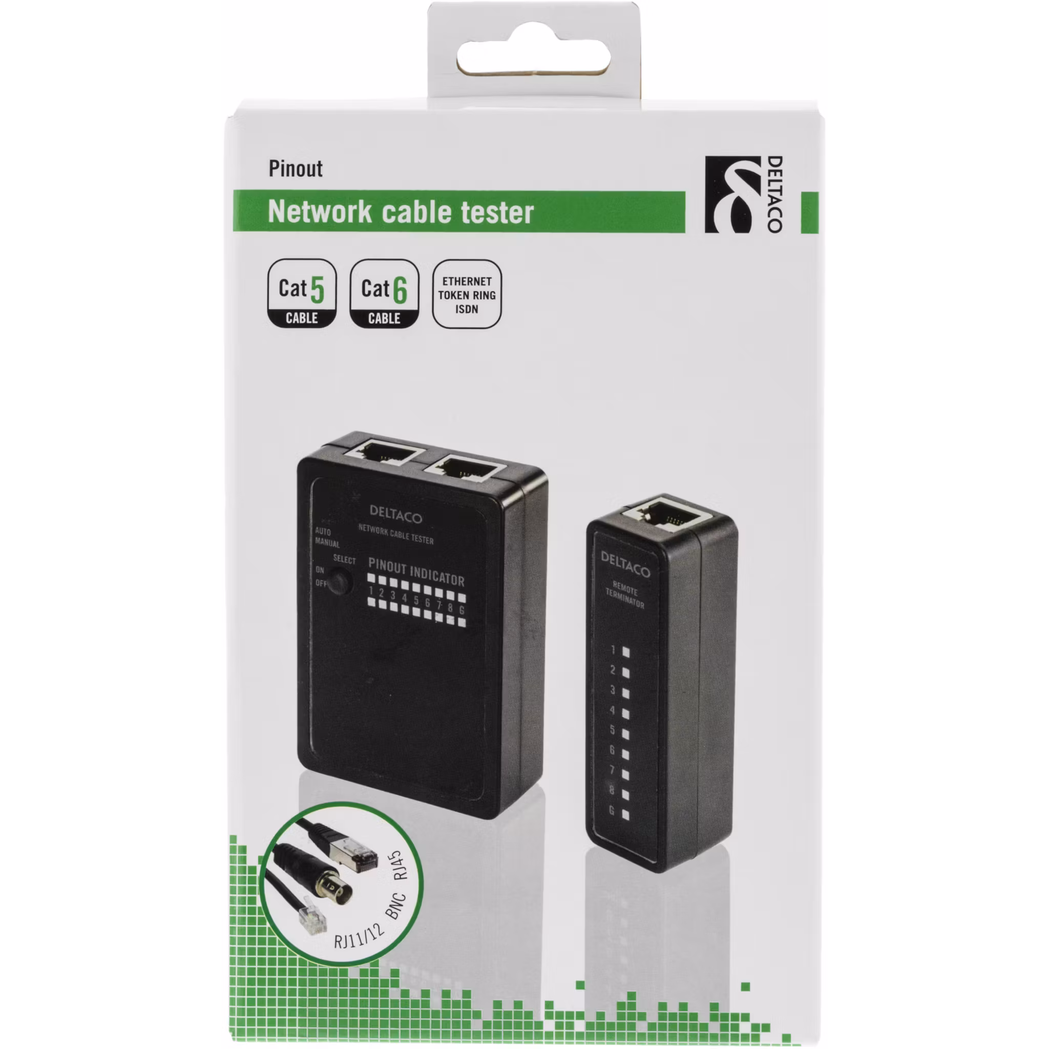 Deltaco kabeltester for RJ45, RJ12, RJ11 og BNC, todelt, beskyttelsesveske i hardplast, svart