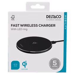 Deltaco Trådløs hurtiglader med LED-ring, 15 W, svart
