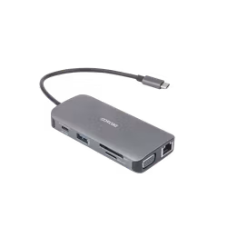 Deltaco USB-C dockingstasjon HDMI/VGA/RJ45/3x USB-A/SD/microSD/USB-C, grå