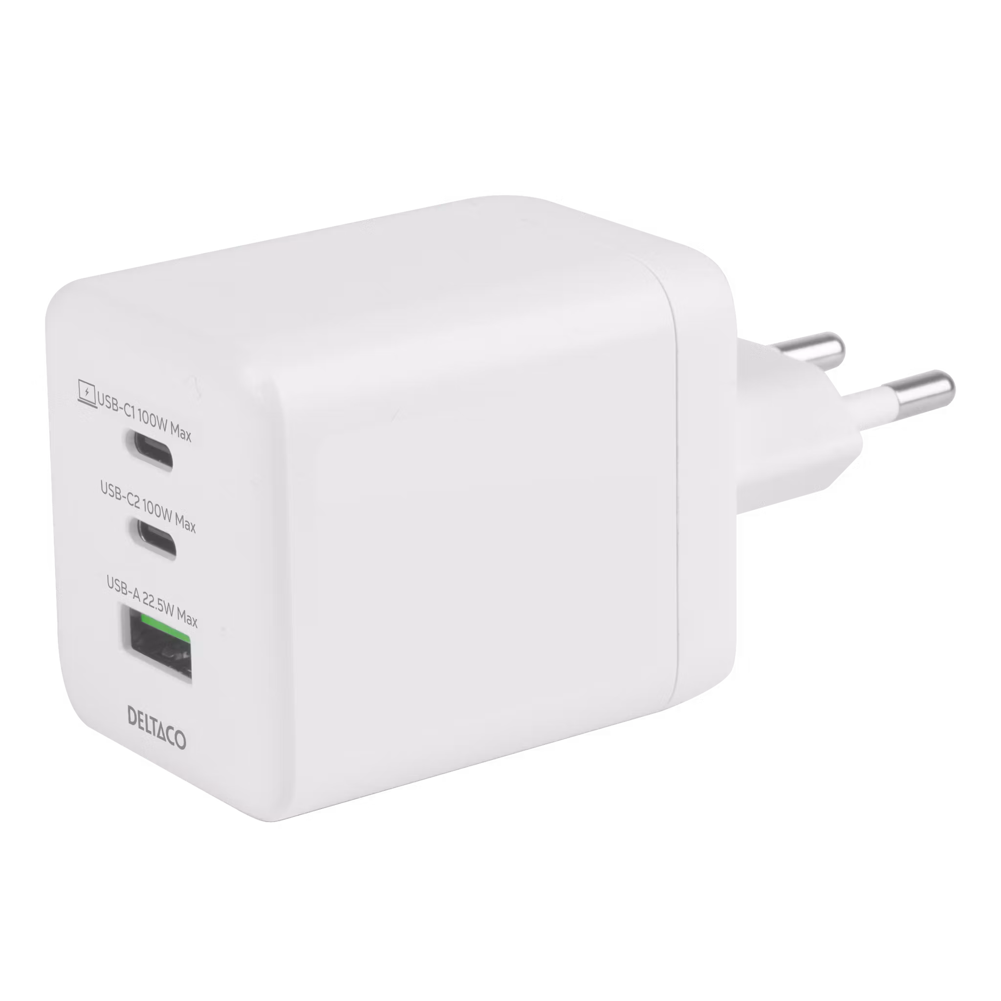 Deltaco USB GaN vegglader 100 W, 1x USB-A, 2x USB-C, PPS, hvit