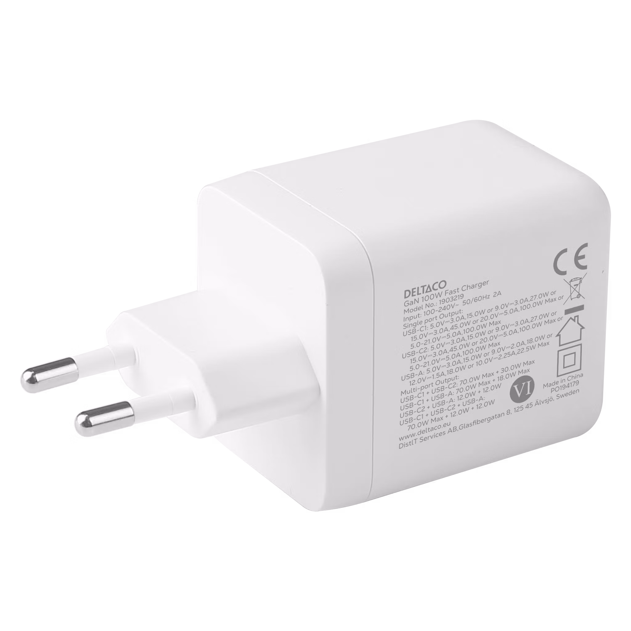 Deltaco USB GaN vegglader 100 W, 1x USB-A, 2x USB-C, PPS, hvit