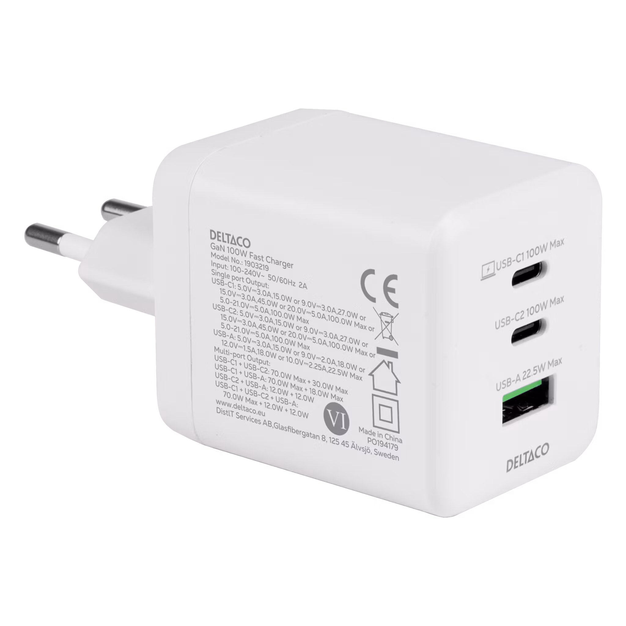 Deltaco USB GaN vegglader 100 W, 1x USB-A, 2x USB-C, PPS, hvit