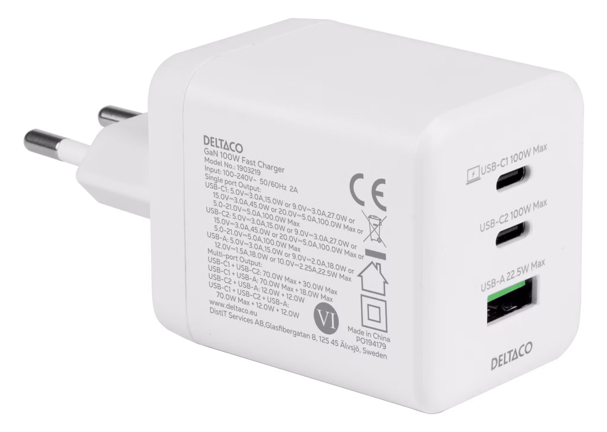 Deltaco USB GaN vegglader 100 W, 1x USB-A, 2x USB-C, PPS, hvit